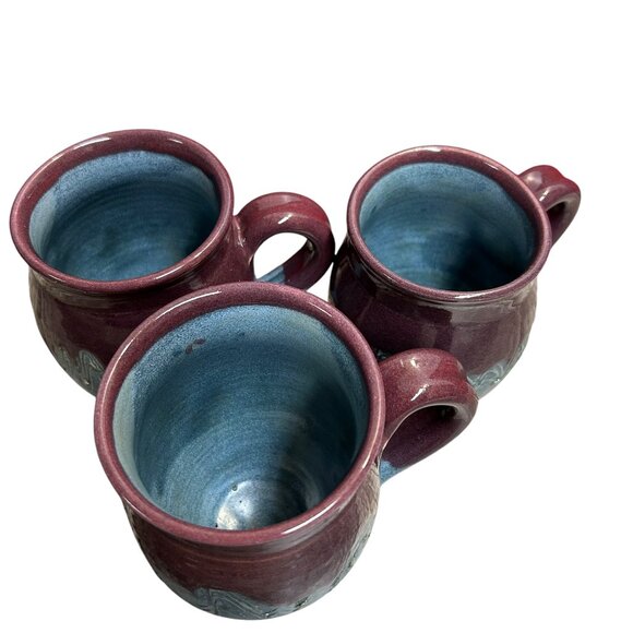 Vintage Brownish Purple Teal Handmade Pottery Coffee Cup Mug Lot of 3 - Picture 4 of 5